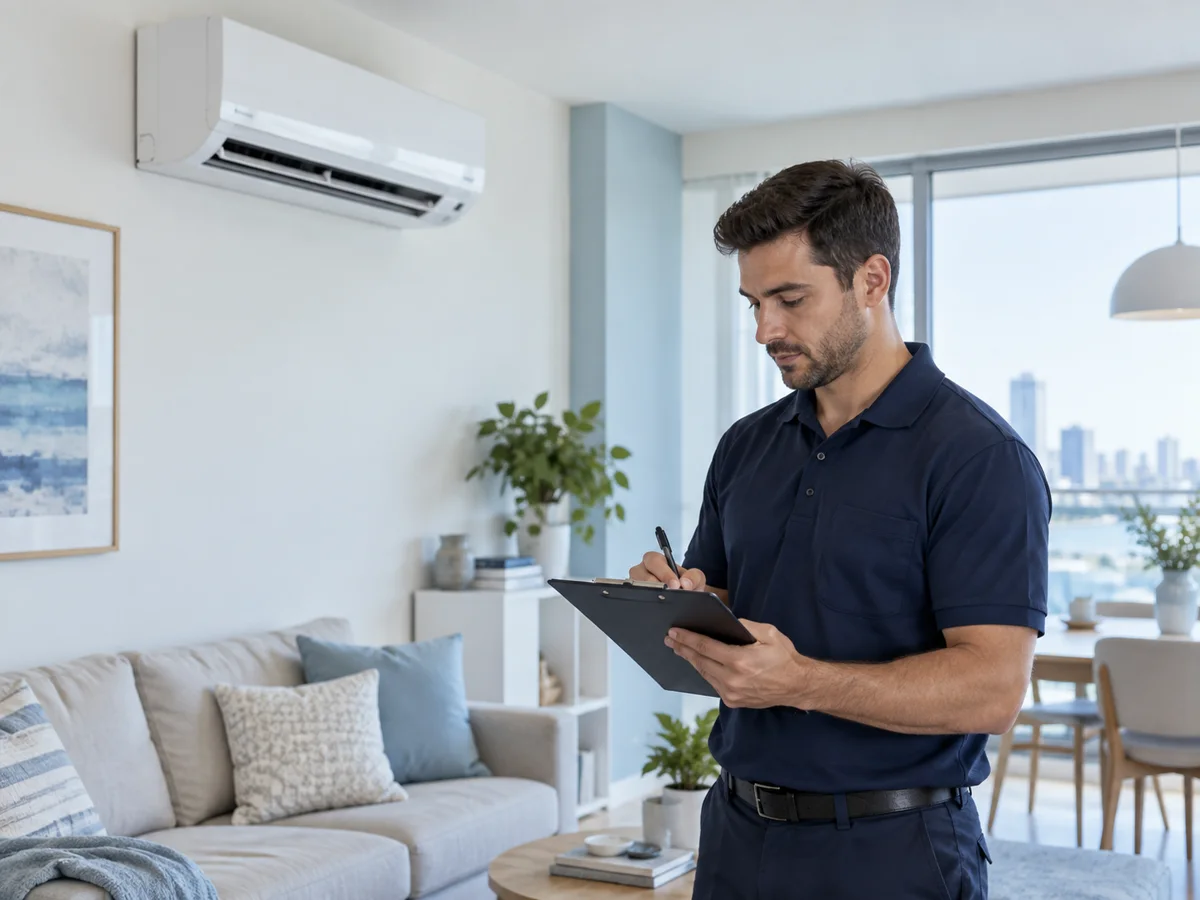 Técnico profesional anotando medidas en un ambiente con aire acondicionado